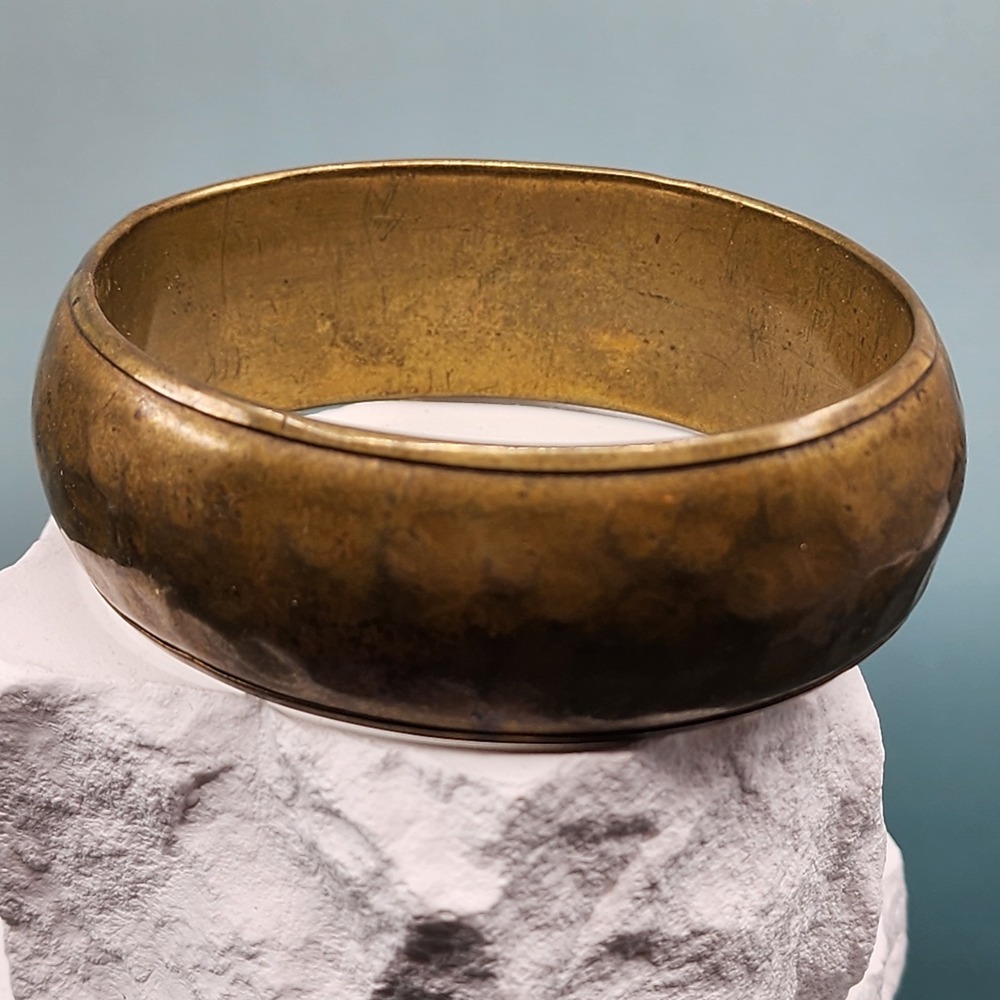Antiqued Brass Tone Wide Domed Bangle Bracelet Chunky Sculptural Statement Metal